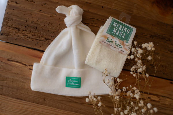 Merino Wool Top Knot Baby Hat and Merino Wool Baby Socks