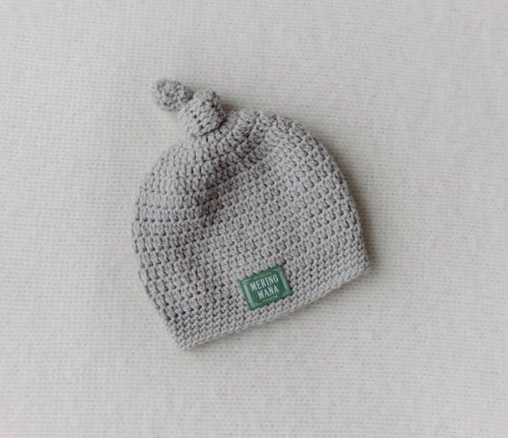 soft grey merino wool crochet baby beanie made in new zealand